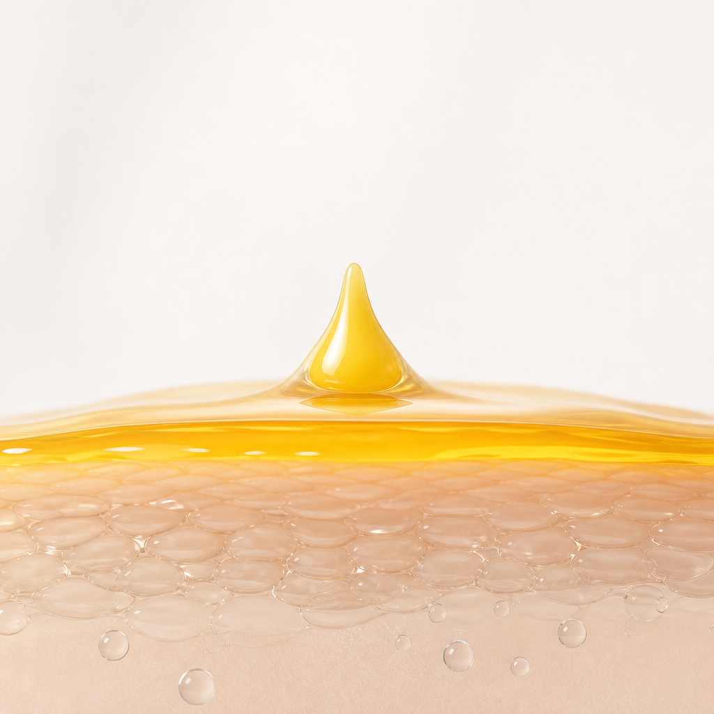 A droplet of rosehip serum resting on plump, hydrated skin