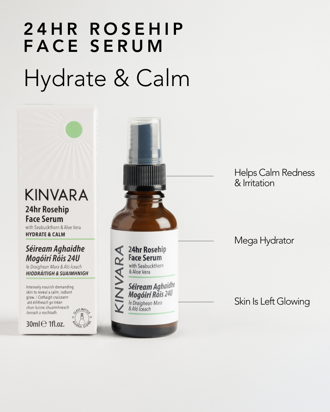 24hr Rosehip Face Serum — hydrate and calm, with key plant actives labelled