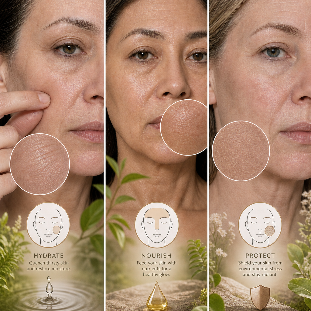 Woman pressing the golden rosehip serum into her skin