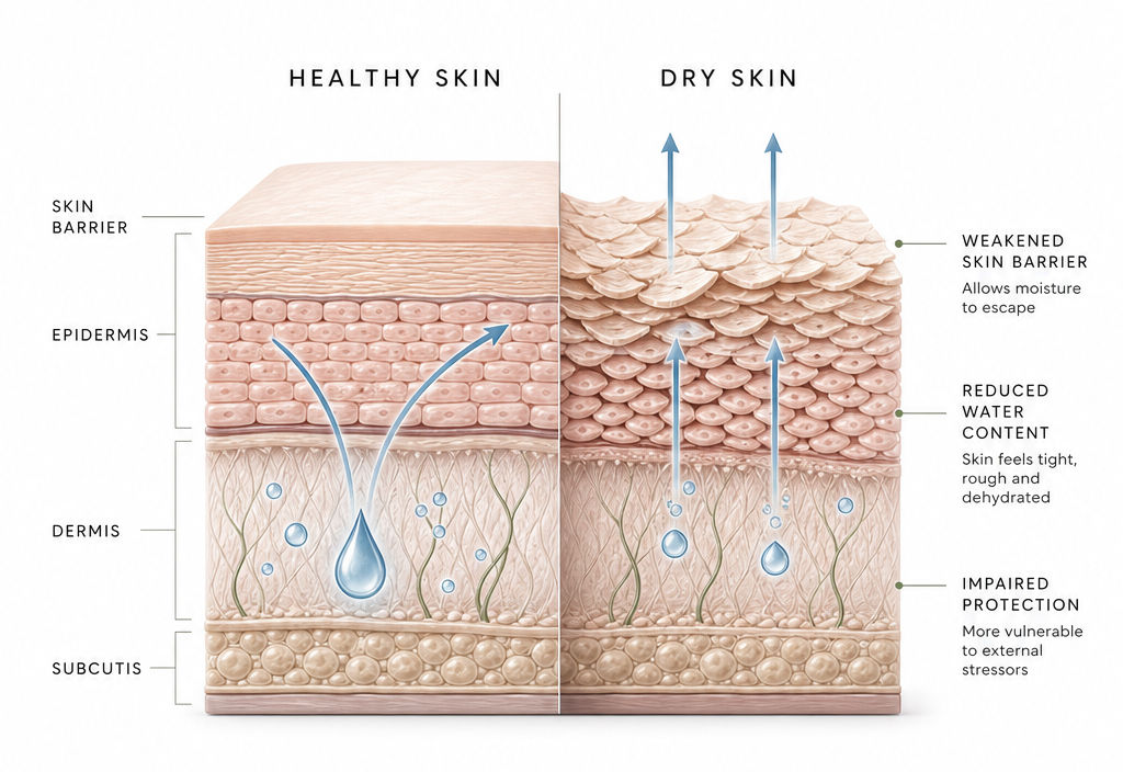 Cross-section diagram comparing healthy skin and dry skin