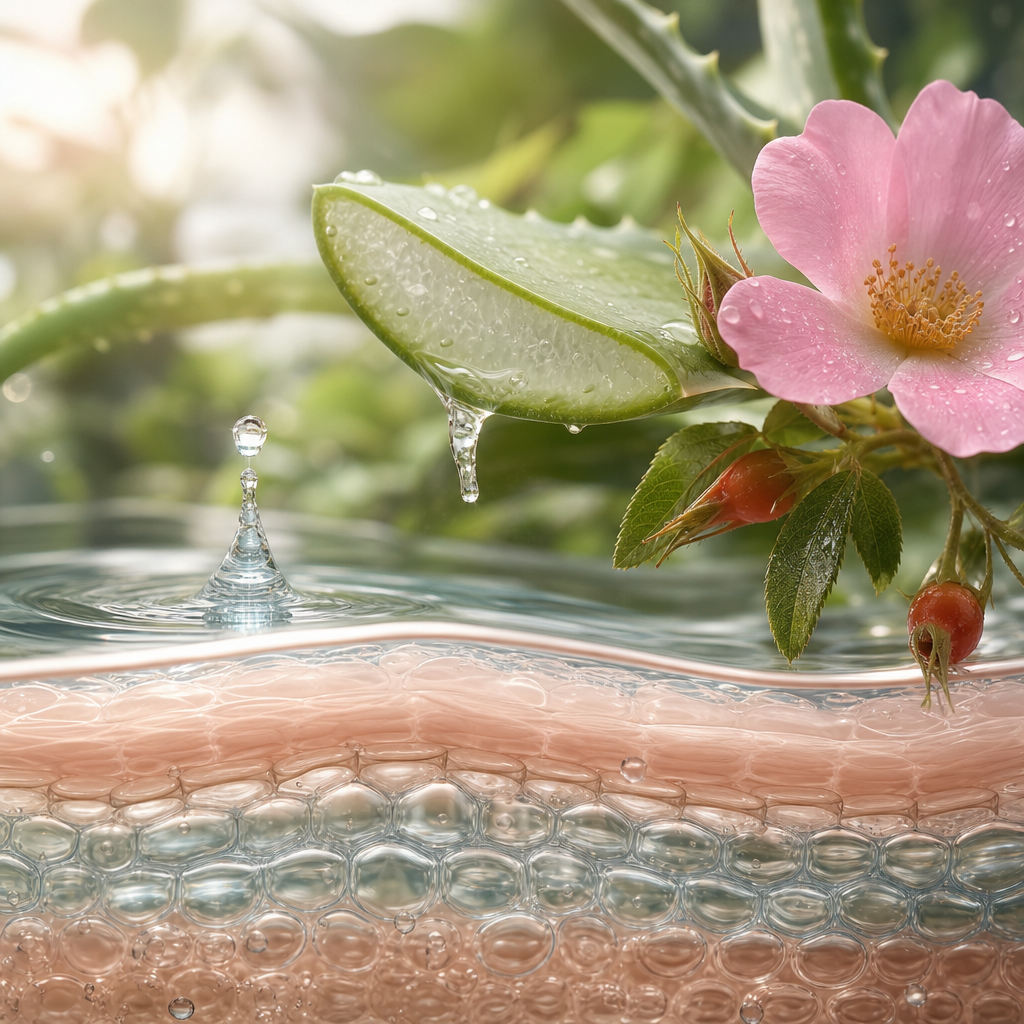 Aloe vera and a water droplet replenishing the skin's layers
