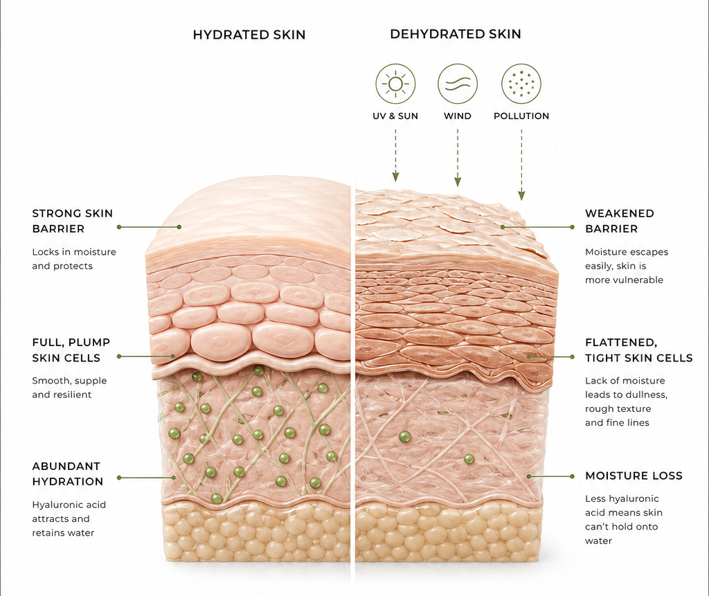 Cross-section diagram comparing hydrated skin and dehydrated skin, with UV, wind and pollution stressors