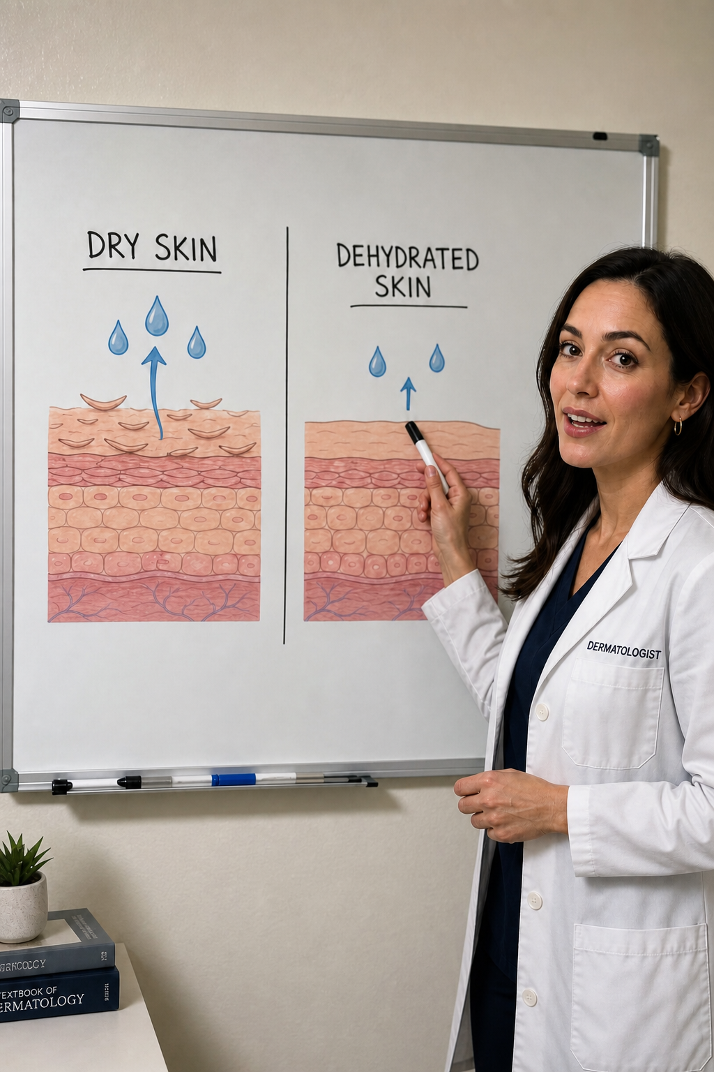 Dermatologist explaining dry skin versus dehydrated skin on a whiteboard