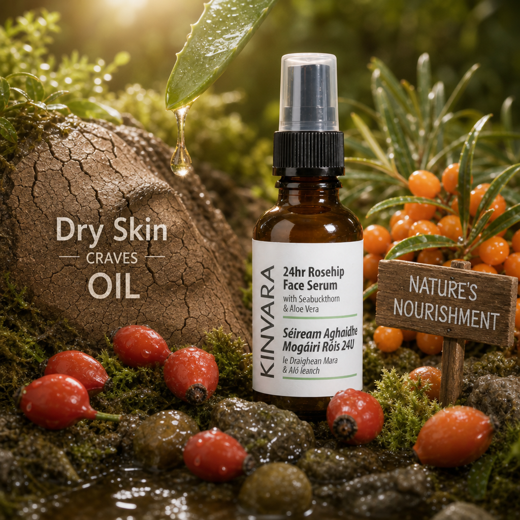 Golden rosehip serum being pressed into soft, nourished skin
