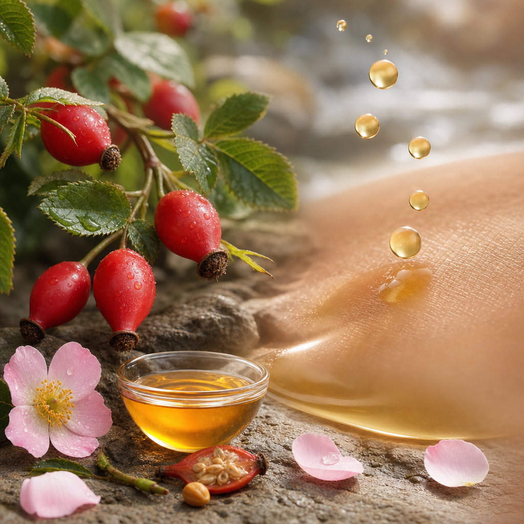 Cold-pressed rosehip oil and rosehips beside golden oil droplets absorbing into skin