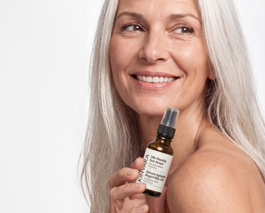 Woman with grey hair and healthy-looking skin
